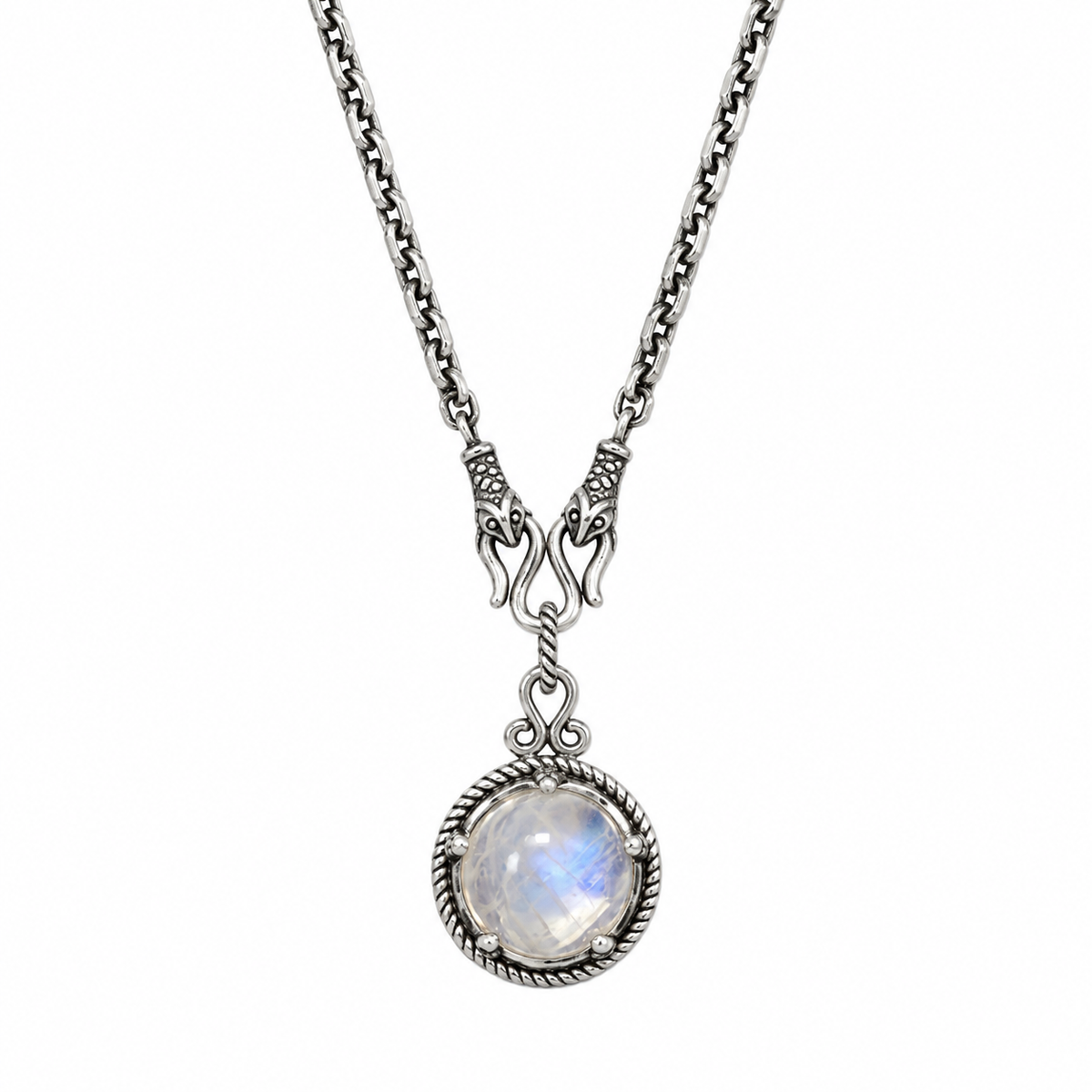 Reversible Lapis Moonstone Necklace Oxidized 925 Silver 10mm Pendant 18+2in