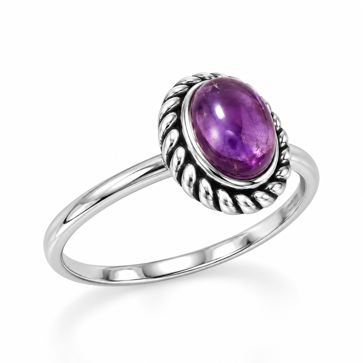 Oval Amethyst Oxidized Rope Edge Ring 925 Silver 9x5mm 1.5mm Sizes 5-9