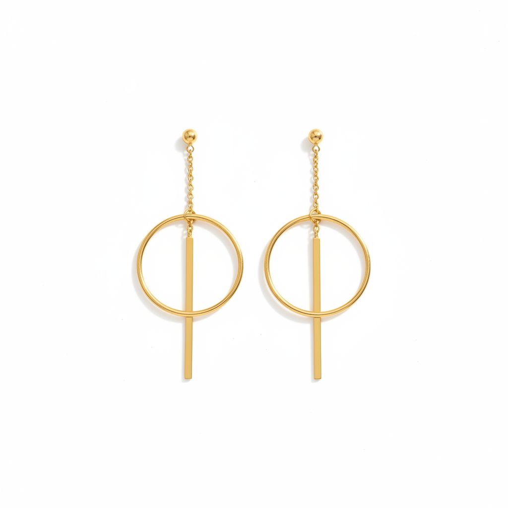 14K gold-plated chain-drop bar and circle earrings symmetrical view