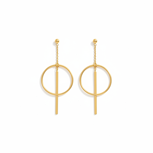 14K gold-plated chain-drop bar and circle earrings symmetrical view