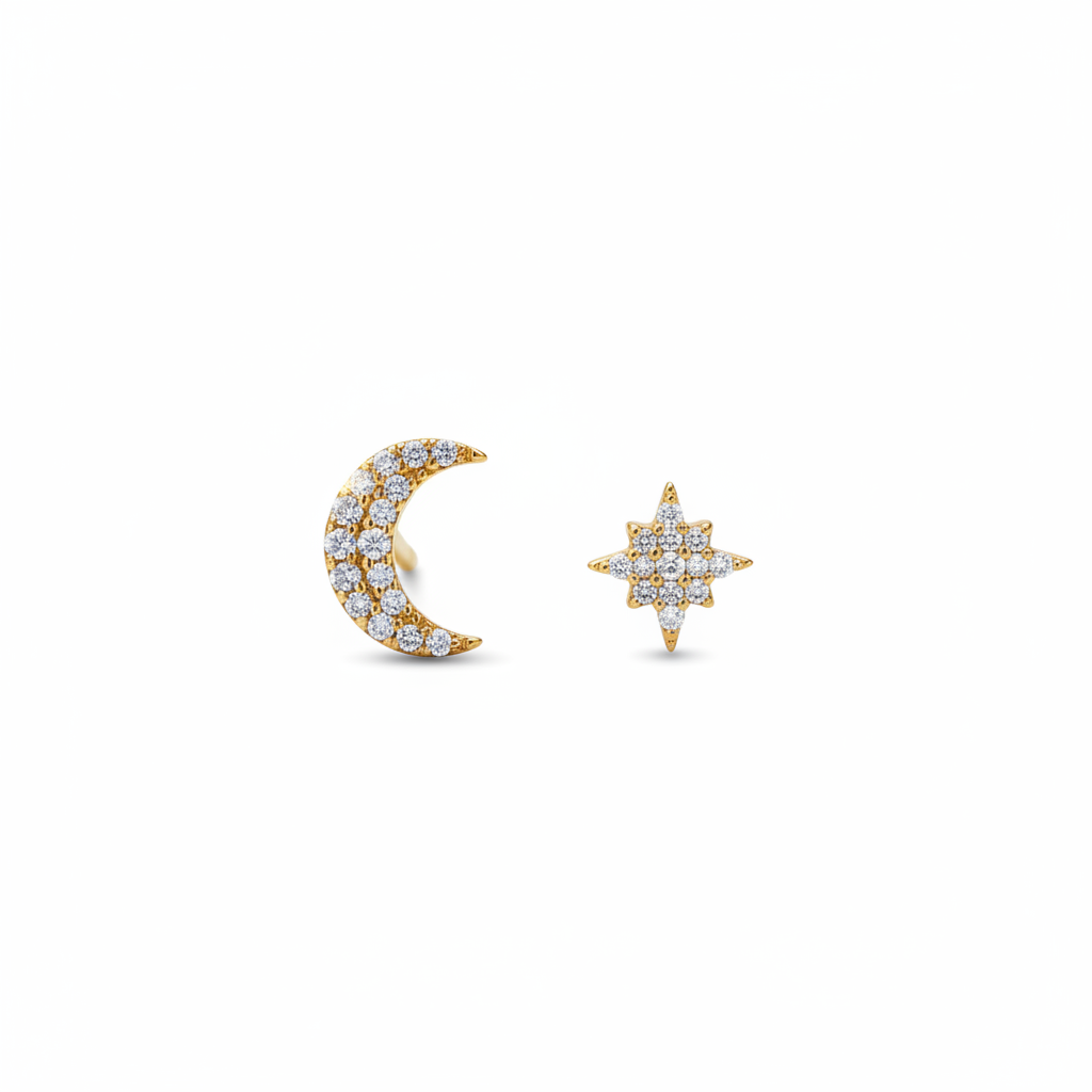 14K gold-plated CZ moon and star mismatched studs symmetrical view