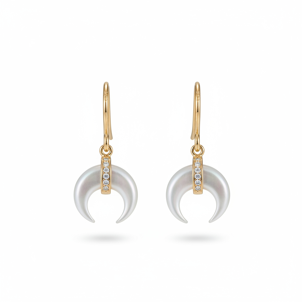 14K gold-plated mother of pearl crescent earrings symmetrical view