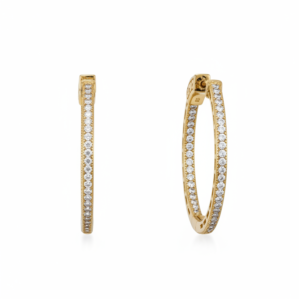 14K gold-plated round inside-outside CZ hoops symmetrical view