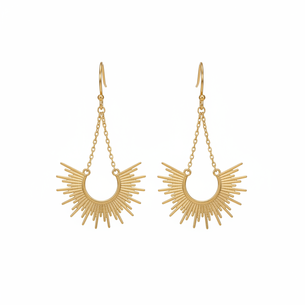 14K gold-plated sunburst cascade earrings symmetrical view