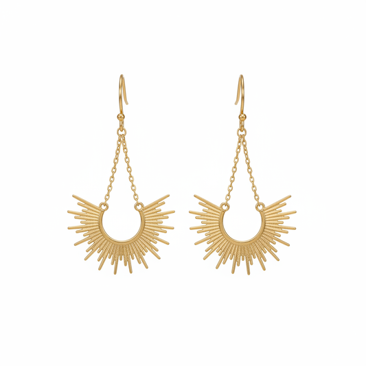 14K gold-plated sunburst cascade earrings symmetrical view