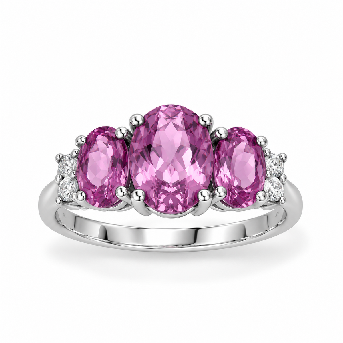 Rhodium Plated Three Amethyst White Topaz Ring 925 Silver 9x7mm 7x5mm Sizes 6-9