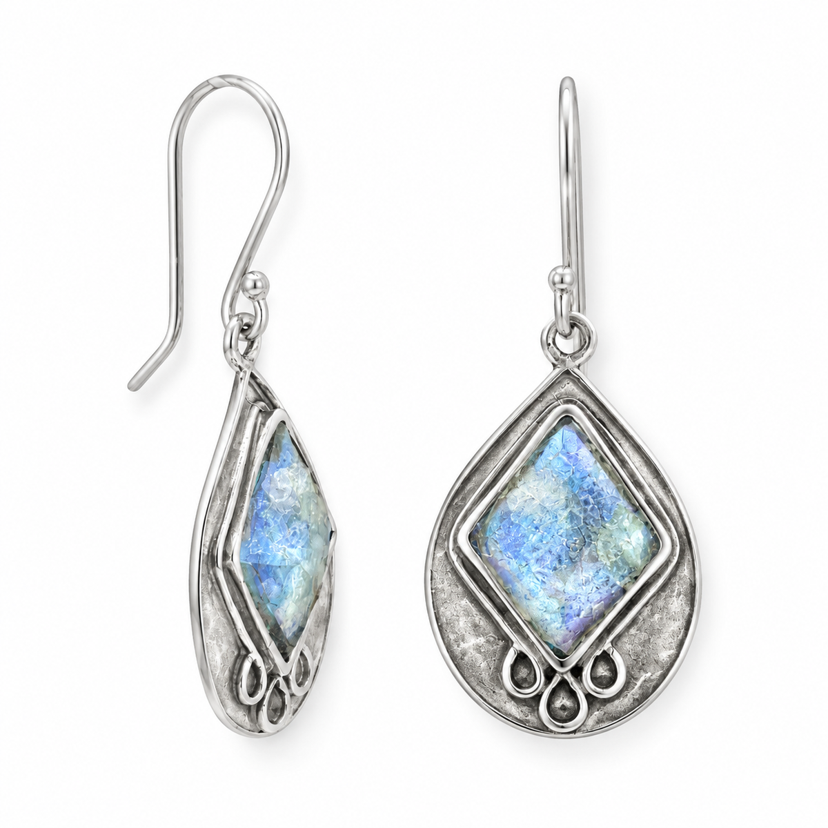 Roman Glass Diamond Textured Pear Drop Earrings 925 Sterling Silver 16x24mm w/ CoA