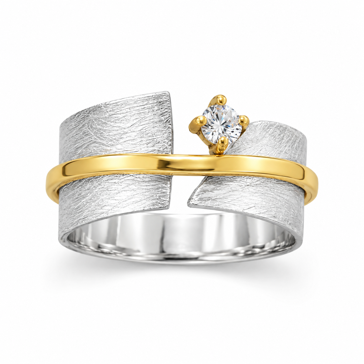 Art Deco CZ Ring 925 Silver Satin Split Band 8.6mm 14K Gold Center 3mm Sizes 5-9