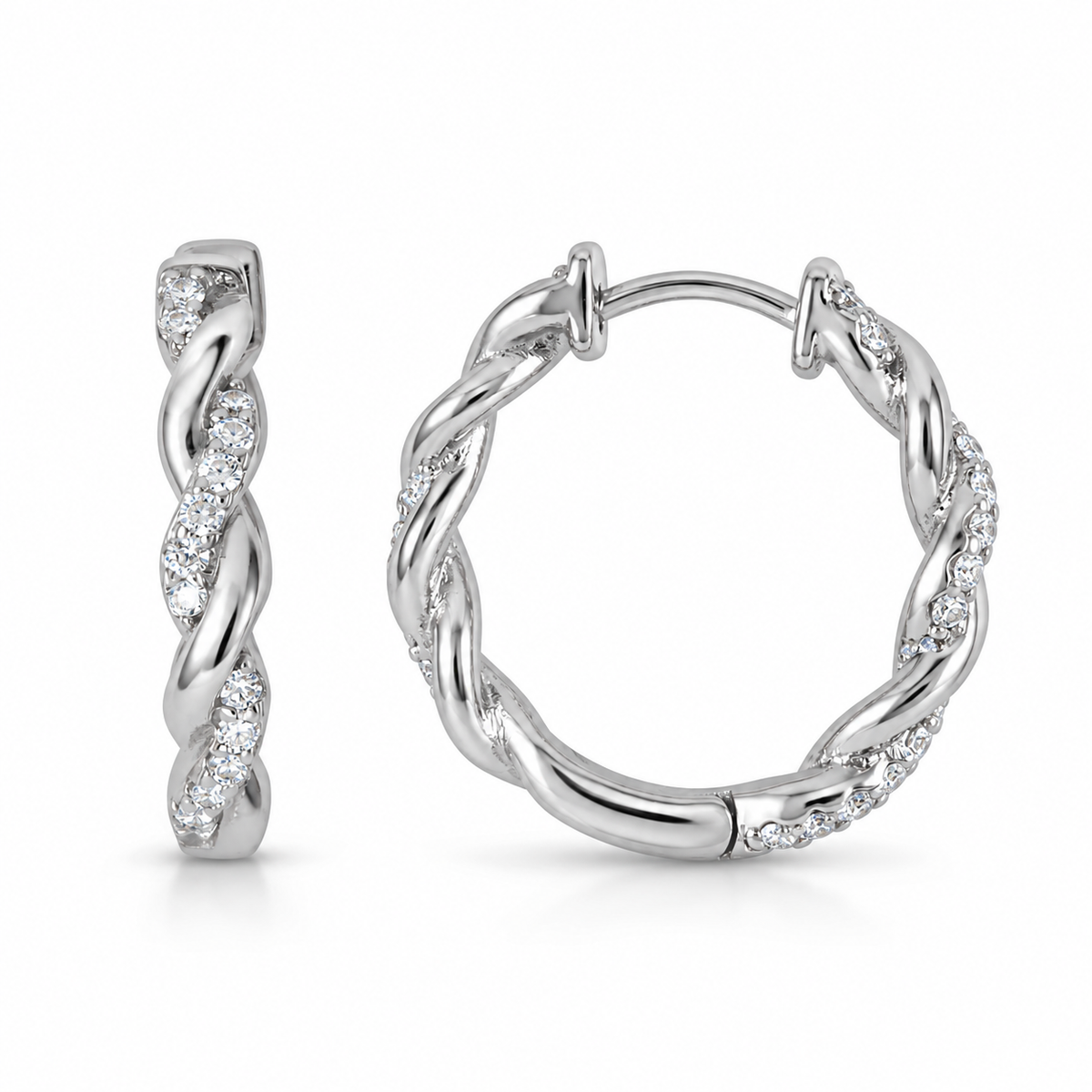 CZ Full Twist Hoop Earrings Rhodium Plated 925 Sterling Silver 20mm