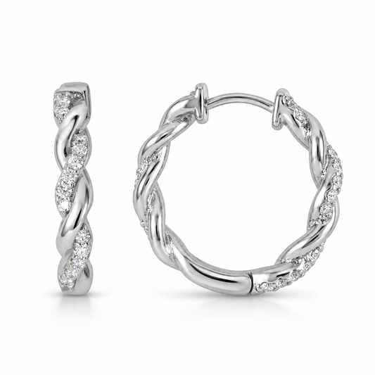 CZ Full Twist Hoop Earrings Rhodium Plated 925 Sterling Silver 20mm