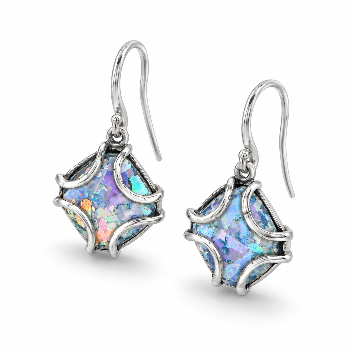 Wire Cage Roman Glass French Wire Earrings Oxidized 925 Sterling Silver 14mm
