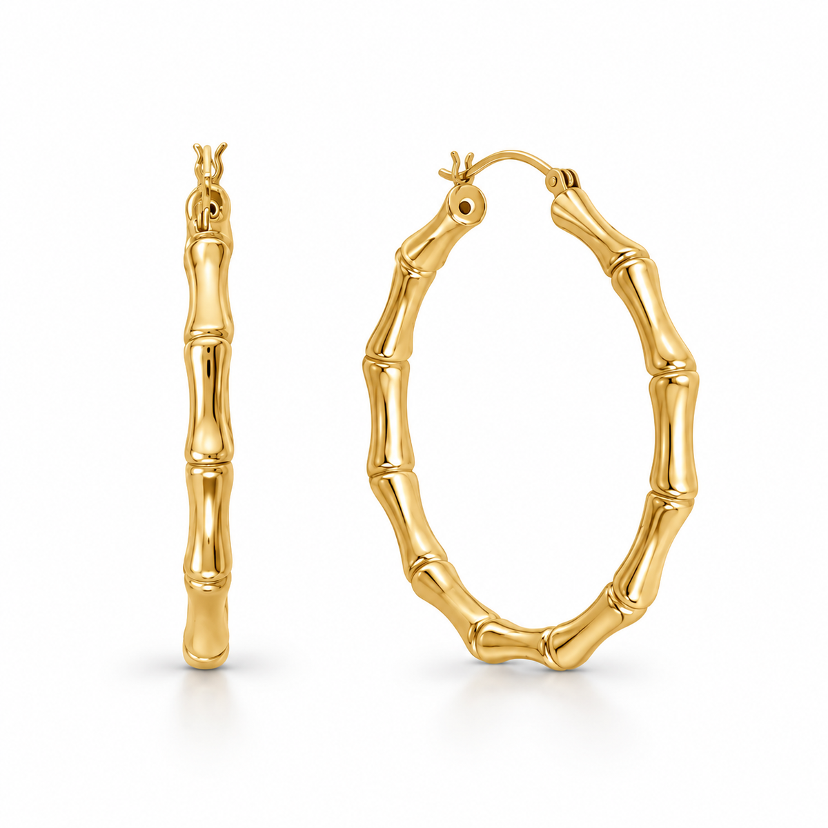 Bamboo Hoop Earrings 14K Gold Plated 925 Sterling Silver 44mm 3.7mm Wide