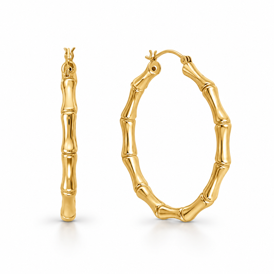 Bamboo Hoop Earrings 14K Gold Plated 925 Sterling Silver 44mm 3.7mm Wide