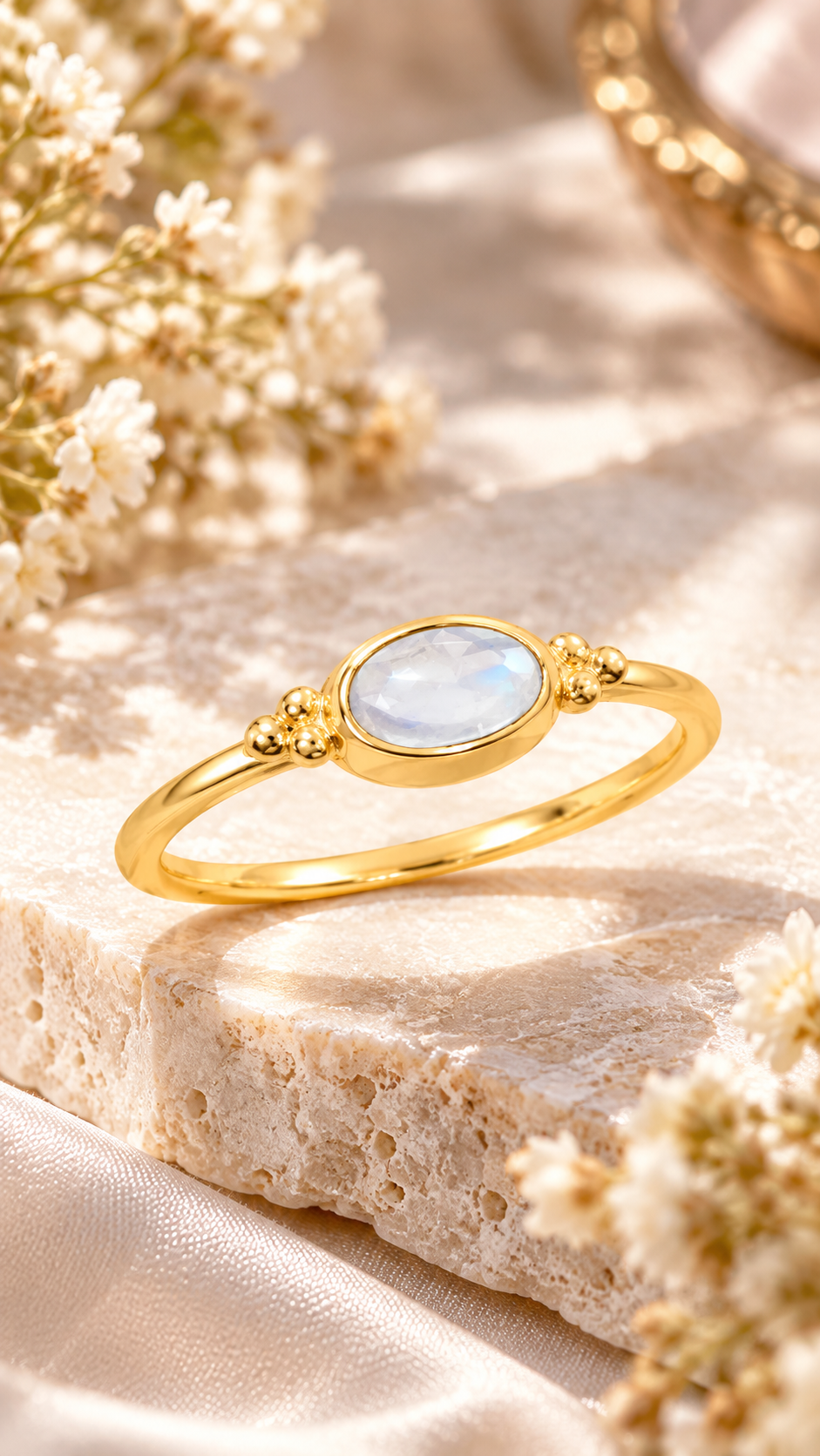 Dainty Rainbow Moonstone Ring 14K Gold Plated 925 Silver 6x4mm Sizes 4-9