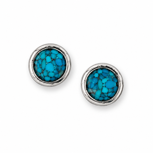 Oxidized 5.5mm Turquoise Chip Inlay Round Stud Earrings 925 Sterling Silver
