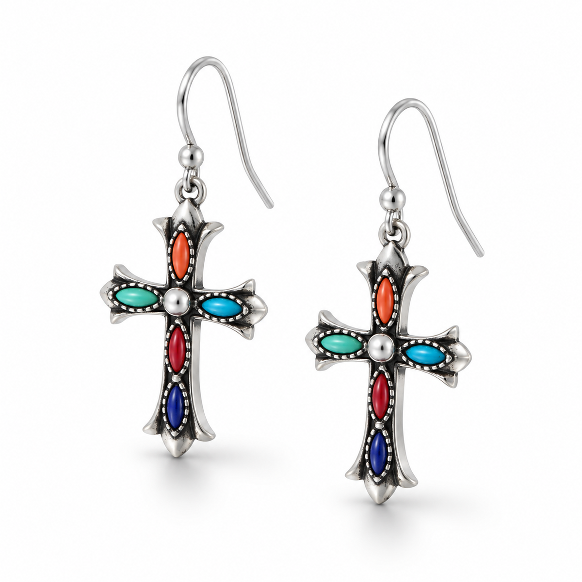 Multicolor Marquise Gemstone Cross Dangle Earrings Oxidized 925 Sterling Silver