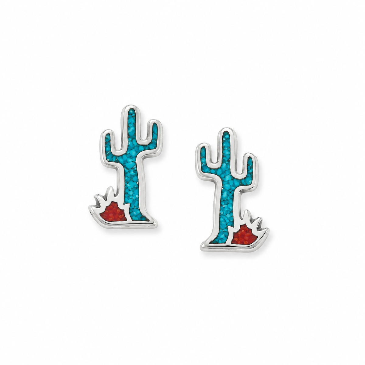 Saguaro Cactus Stud Earrings Oxidized 925 Silver Turquoise Coral 11.7mm