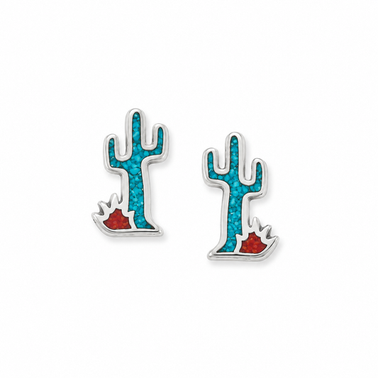 Saguaro Cactus Stud Earrings Oxidized 925 Silver Turquoise Coral 11.7mm