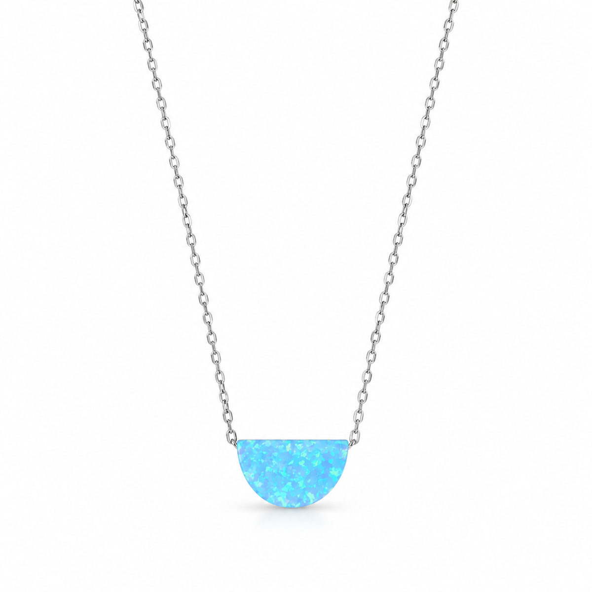 Blue Opal Semicircle Necklace Rhodium 925 Silver Synthetic Floating 9x15mm 16+2in