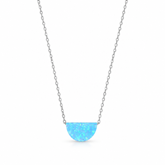 Blue Opal Semicircle Necklace Rhodium 925 Silver Synthetic Floating 9x15mm 16+2in