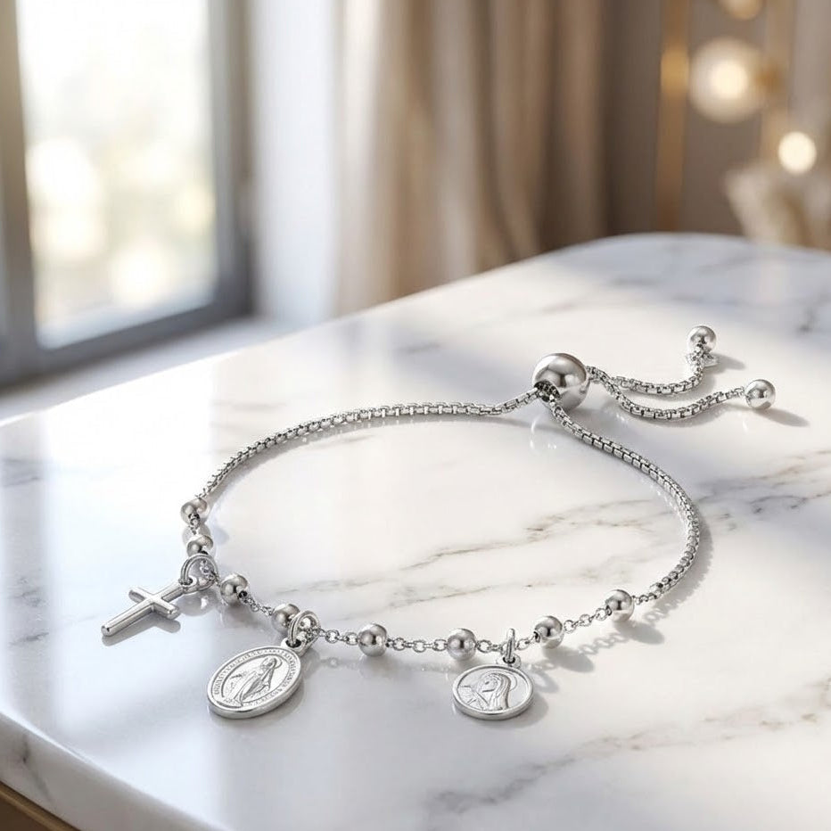 Sterling Silver Religious Charm Bolo Bracelet, Rhodium Plated, 9 Inch Adjustable, Cross and Mary Charms, Italian Made