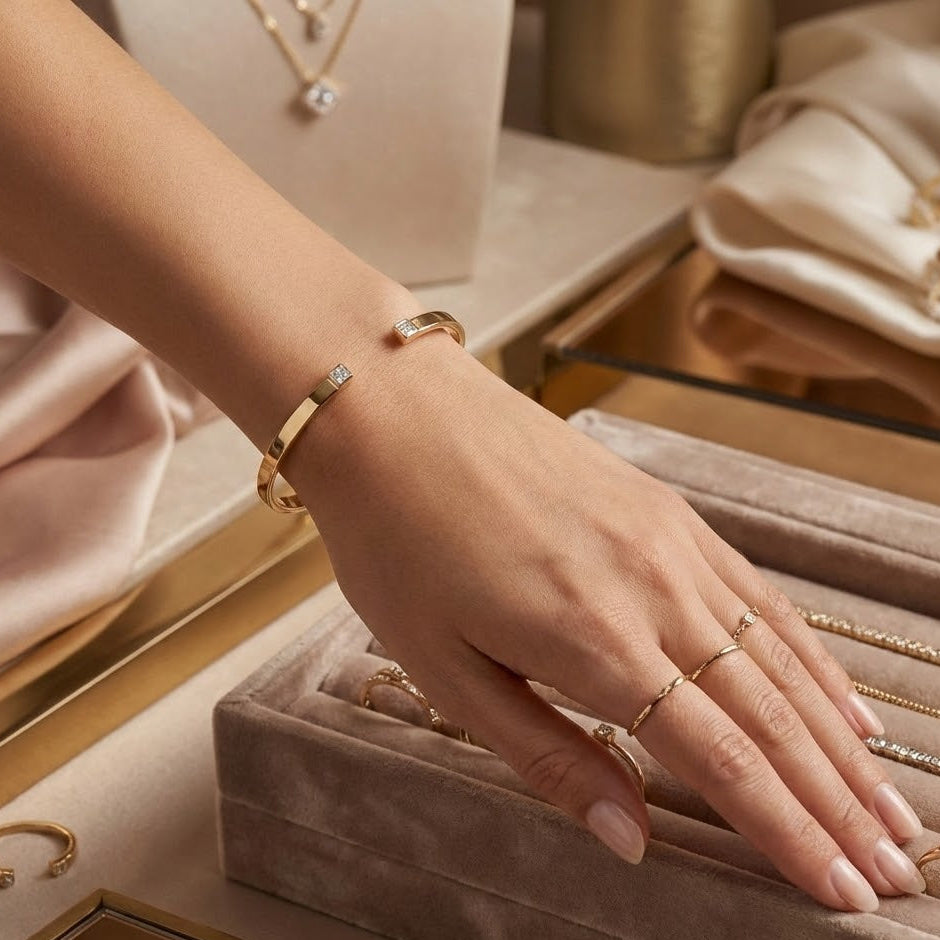 Luxe Diamond Kiss Cuff - 14K Gold Plated Sterling Silver Open Bangle with Princess-Cut CZ Accents