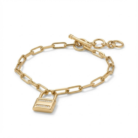 14 Karat Gold Plated Sterling Silver CZ Lock Toggle Bracelet, Paper Clip Style Chain, Adjustable 6.5-7.5 Inch