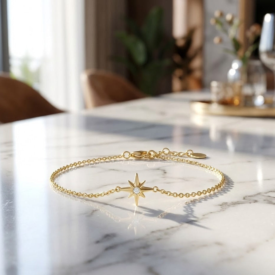 14K Gold Plated Sterling Silver Star CZ Bracelet, 6.5 Inch with 1 Inch Extender, Italian Made