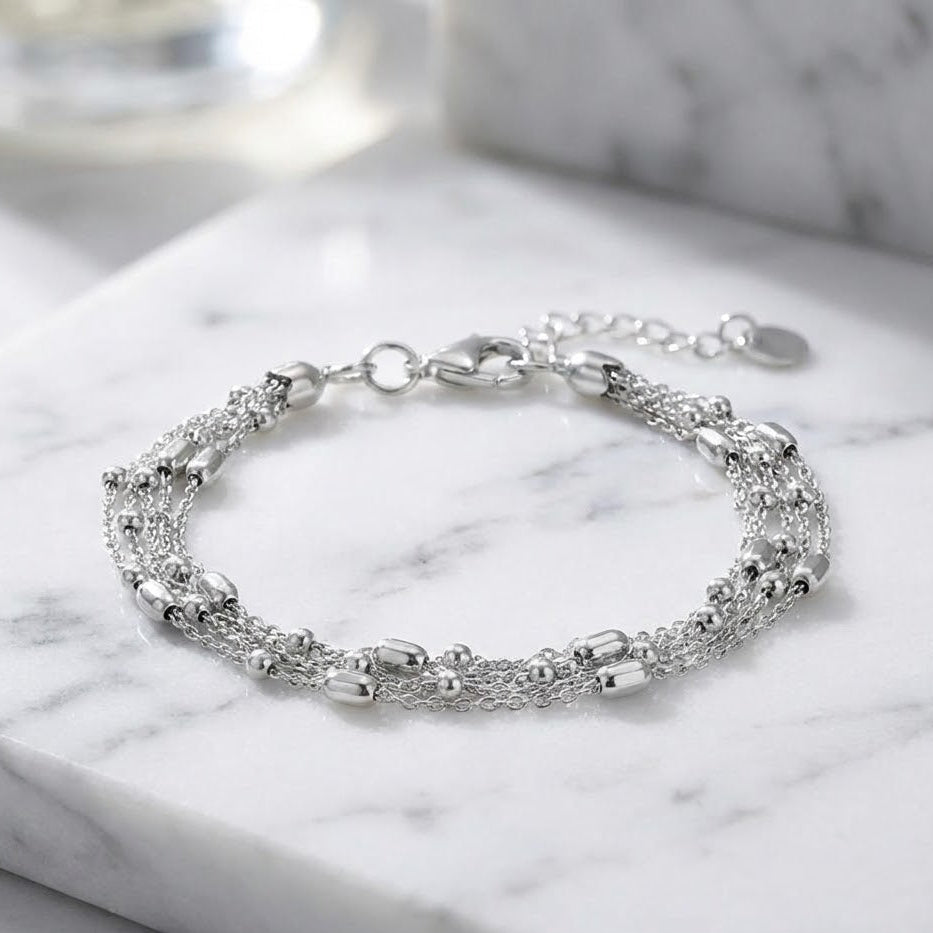 Stella Layers - Italian Rhodium Plated 5-Strand Satellite Bead Bracelet | 6.5" + 1" Extender