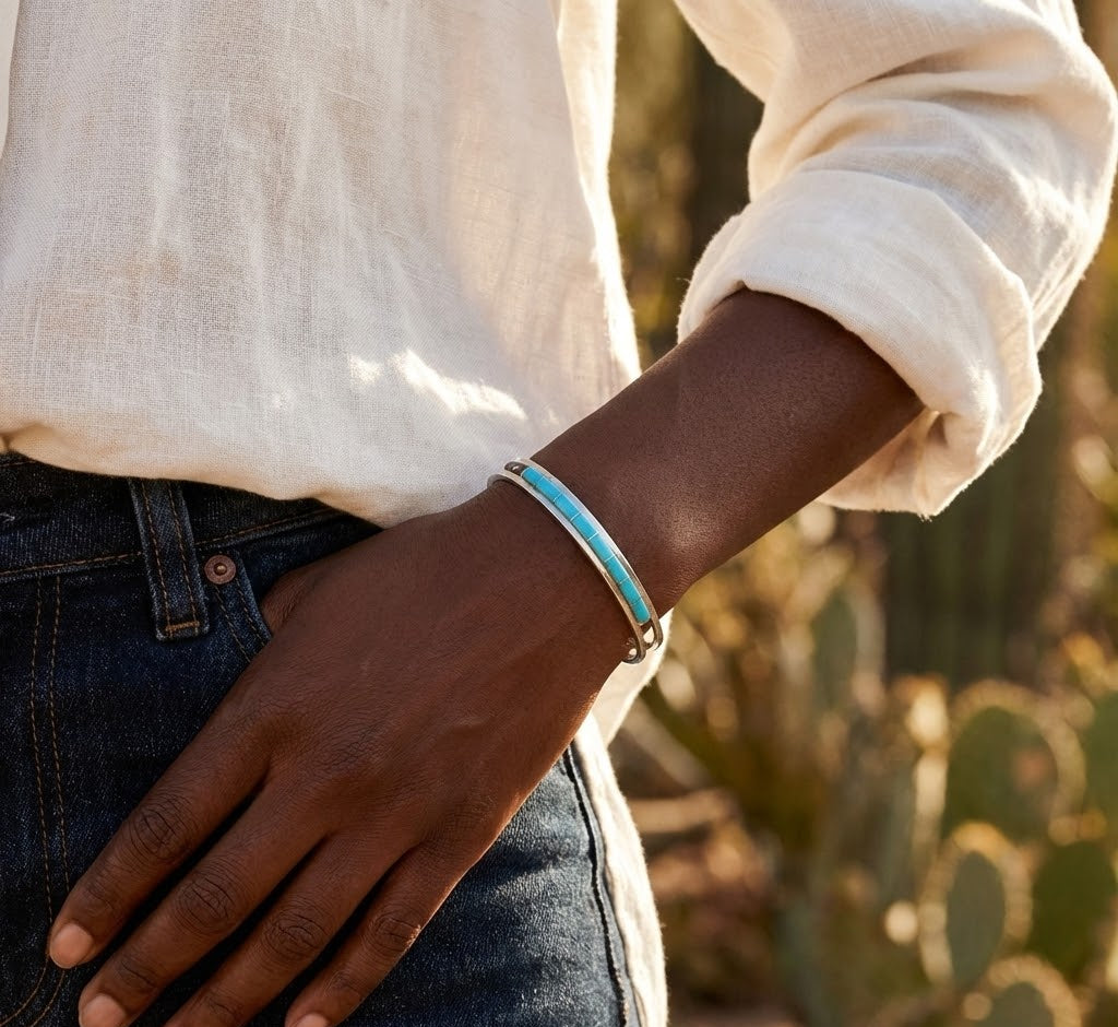 Kingman Turquoise Cuff Bracelet Navajo Handcrafted 925 Silver USA 6mm 6.1mm 60mm