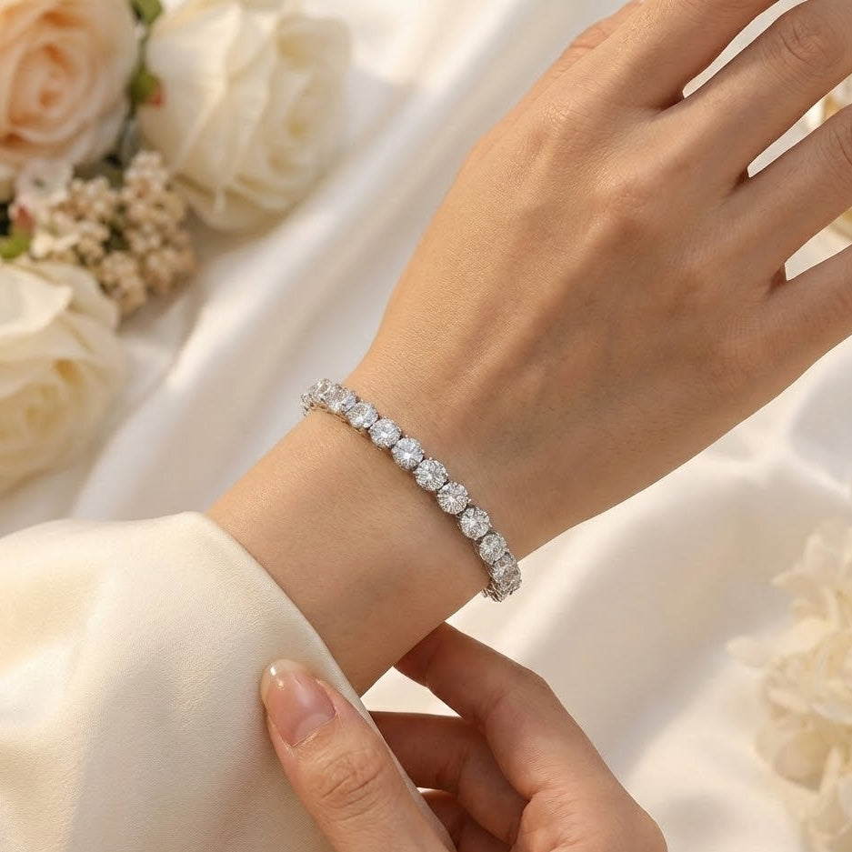 Sterling Silver Tennis Bracelet, Rhodium Plated, 7.5 Inch, 6mm CZ Stones, Box Clasp