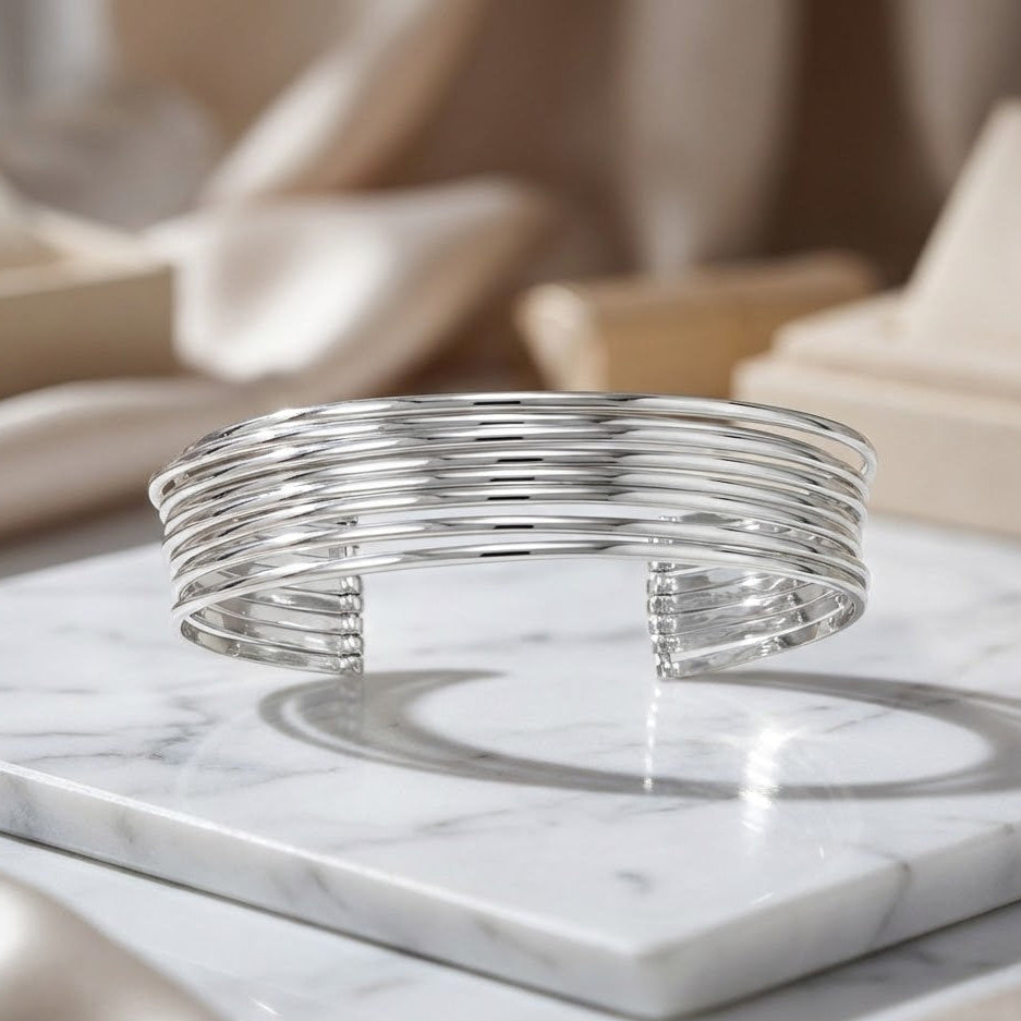 8 Row Cuff Bracelet - Sterling Silver Rhodium Plated Classic Design