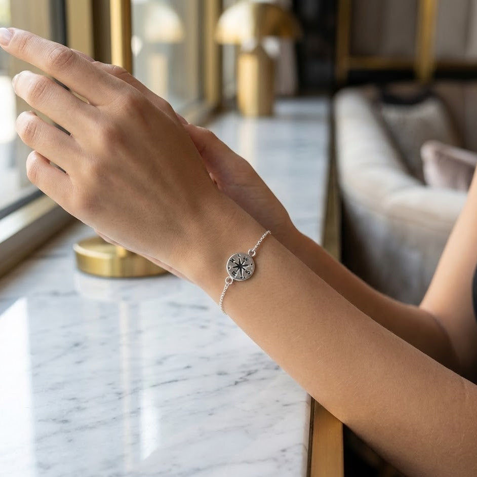 Sterling Silver Hammered Compass Bracelet, 7.5 Inch Length, 10.5mm Disk Diameter, Spring Ring Closure