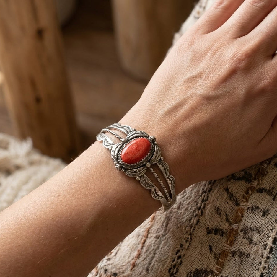 Dyed Sponge Coral Cuff Bracelet Oxidized 925 Sterling Silver Southwest 13x18mm