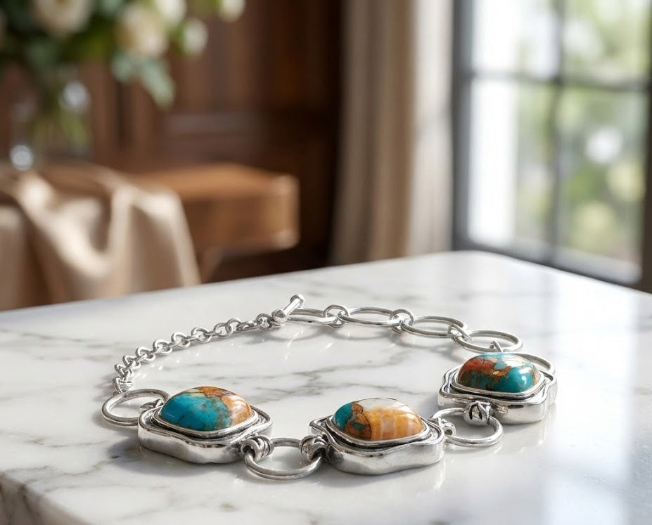 Spiny Oyster Turquoise Toggle Bracelet 925 Silver Cushion Cut 13mm 6.5-8.5in