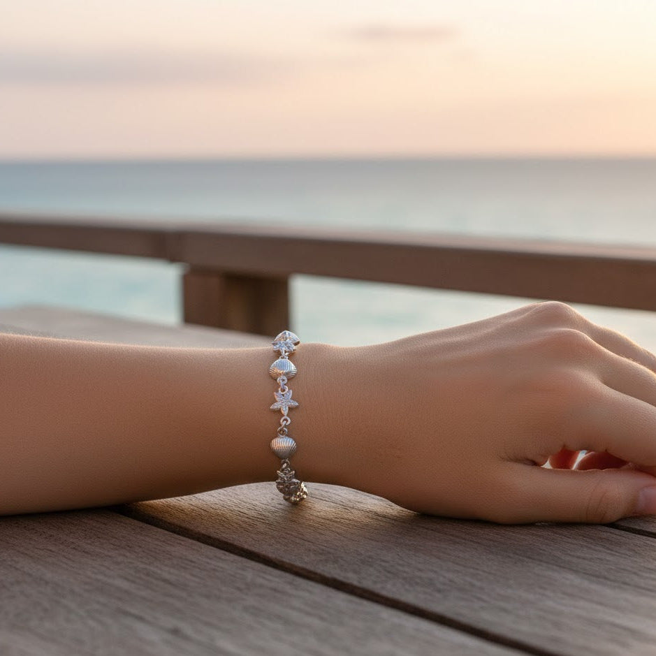 Sterling Silver Shell and Starfish Bracelet, Rhodium Plated, 6.5+1 Inch, Italian Made