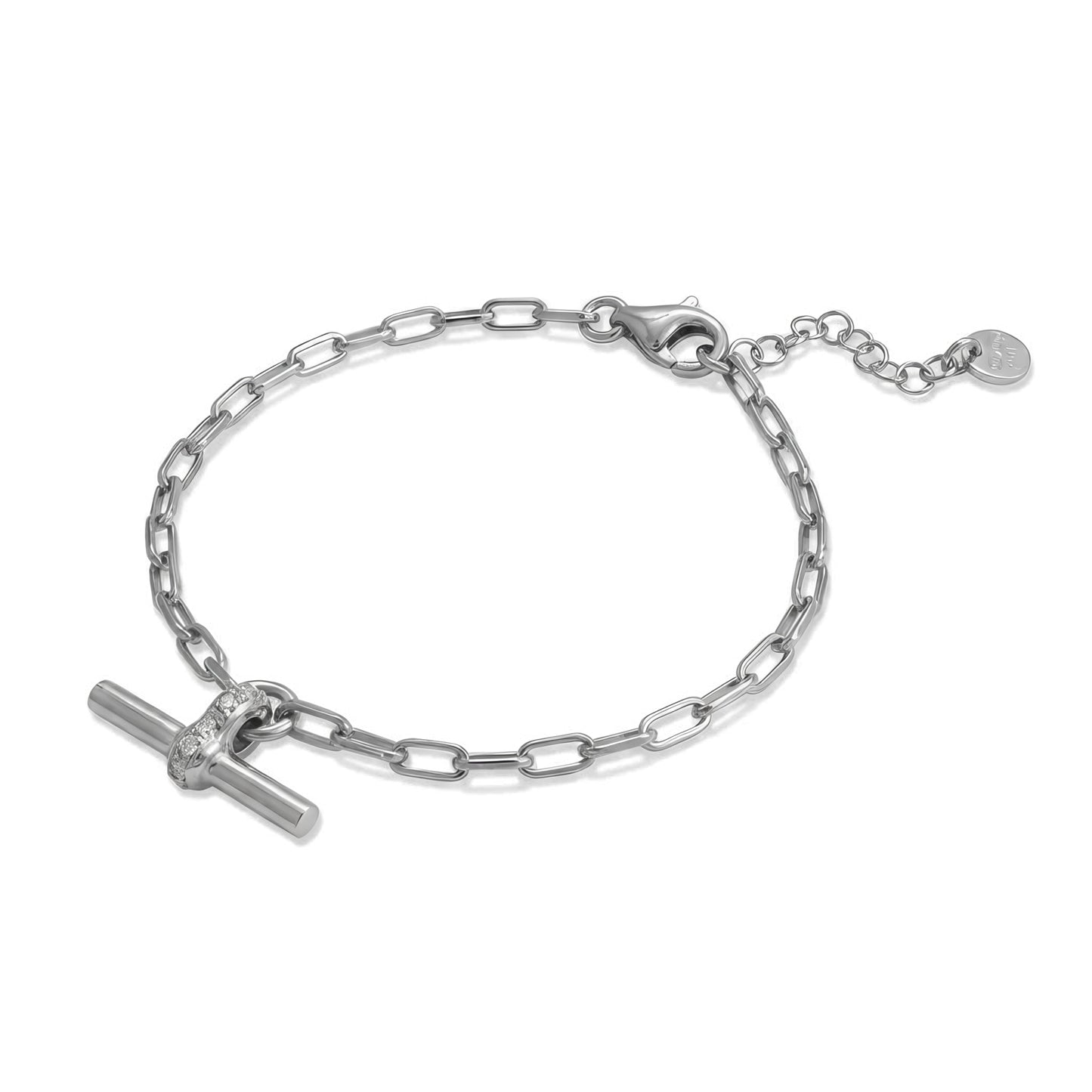 CZ Toggle Bar Paperclip Chain Bracelet Rhodium Plated 925 Silver Italy 7in+1in