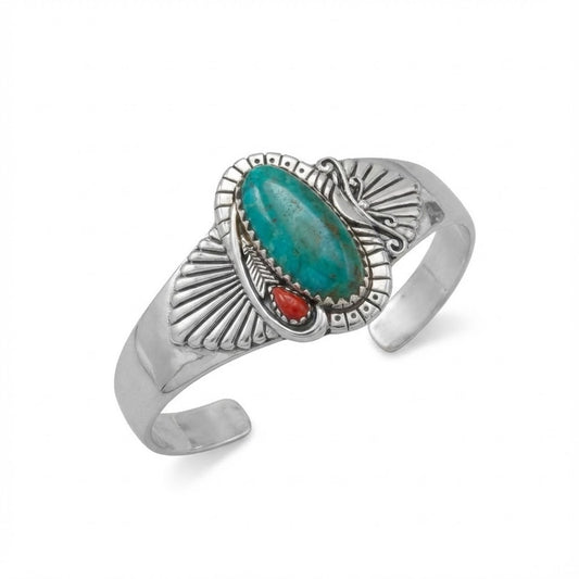 Turquoise and Coral Cuff Bracelet - Sterling Silver Southwest Style Fan Design