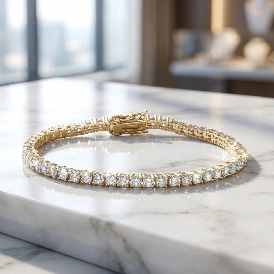 Sterling Silver Tennis Bracelet, 14K Gold Plated, 3mm CZ Stones, 7 Inch Length, Box Clasp