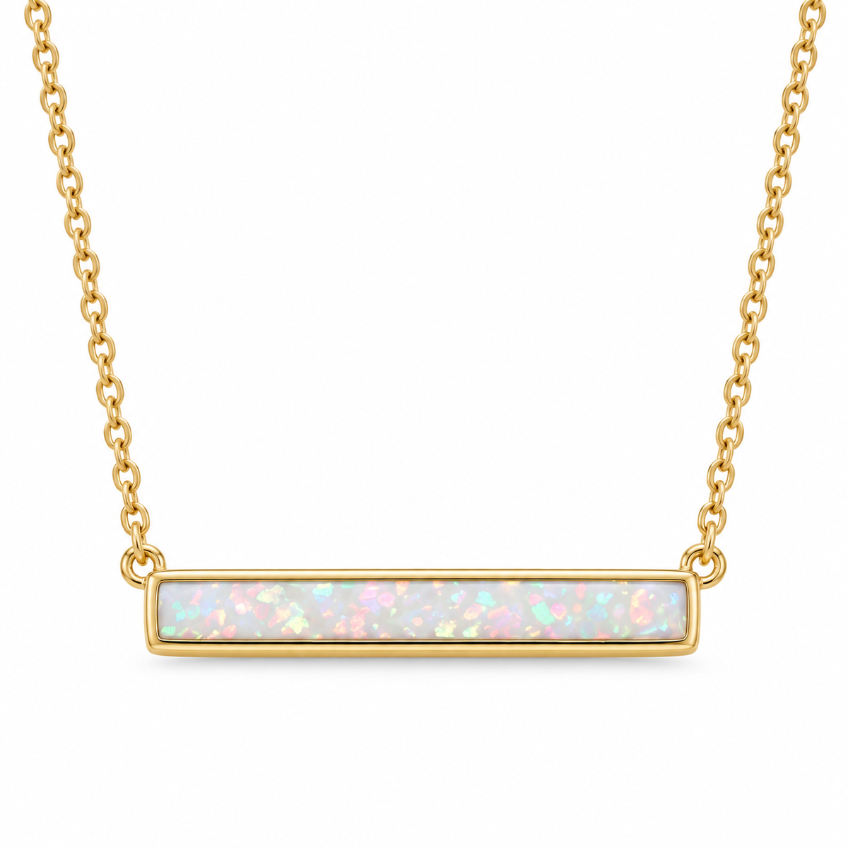 Synthetic White Opal Bar Necklace 14K Gold Plated 925 Silver Bezel 26x3mm 16+2in