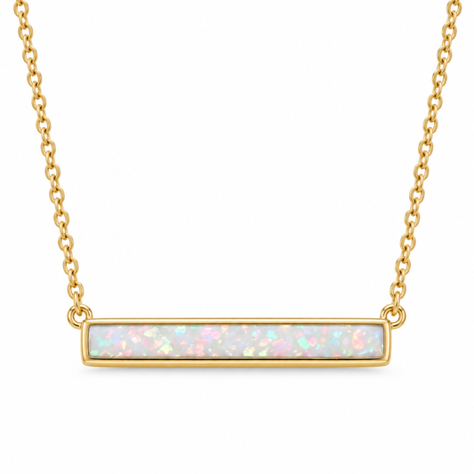 Synthetic White Opal Bar Necklace 14K Gold Plated 925 Silver Bezel 26x3mm 16+2in