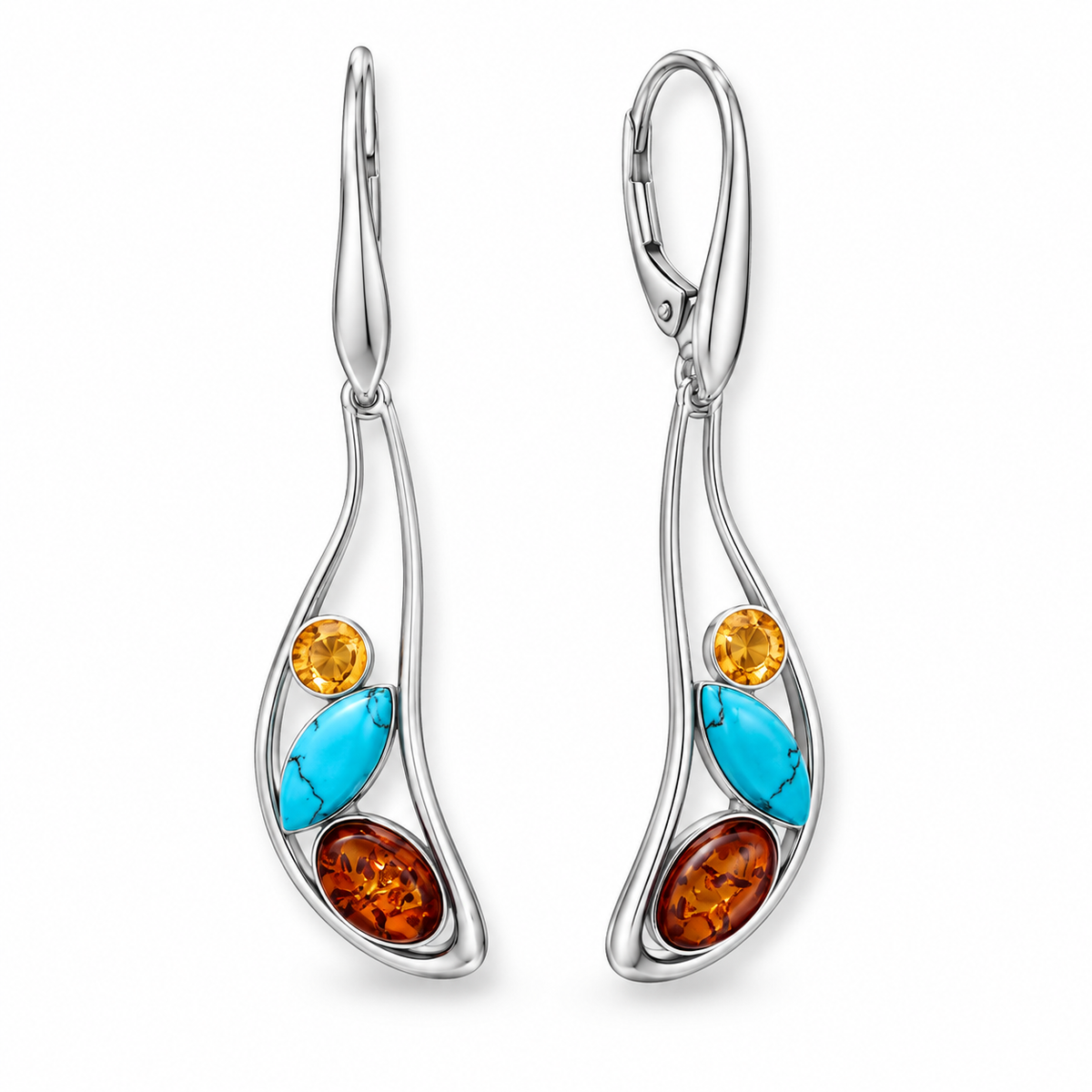 Baltic Amber Turquoise Oblong Drop Earrings 925 Sterling Silver 47mm Poland
