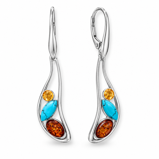 Baltic Amber Turquoise Oblong Drop Earrings 925 Sterling Silver 47mm Poland