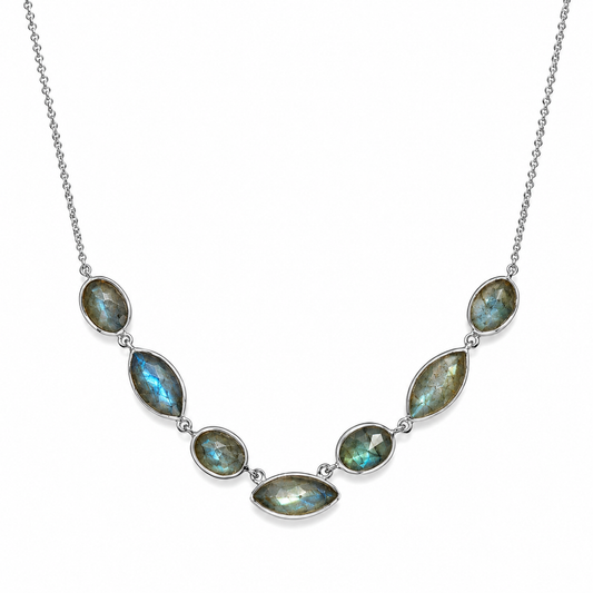 Multi-Shape Labradorite Necklace Rhodium 925 Silver Round Marquise Faceted 16+2in