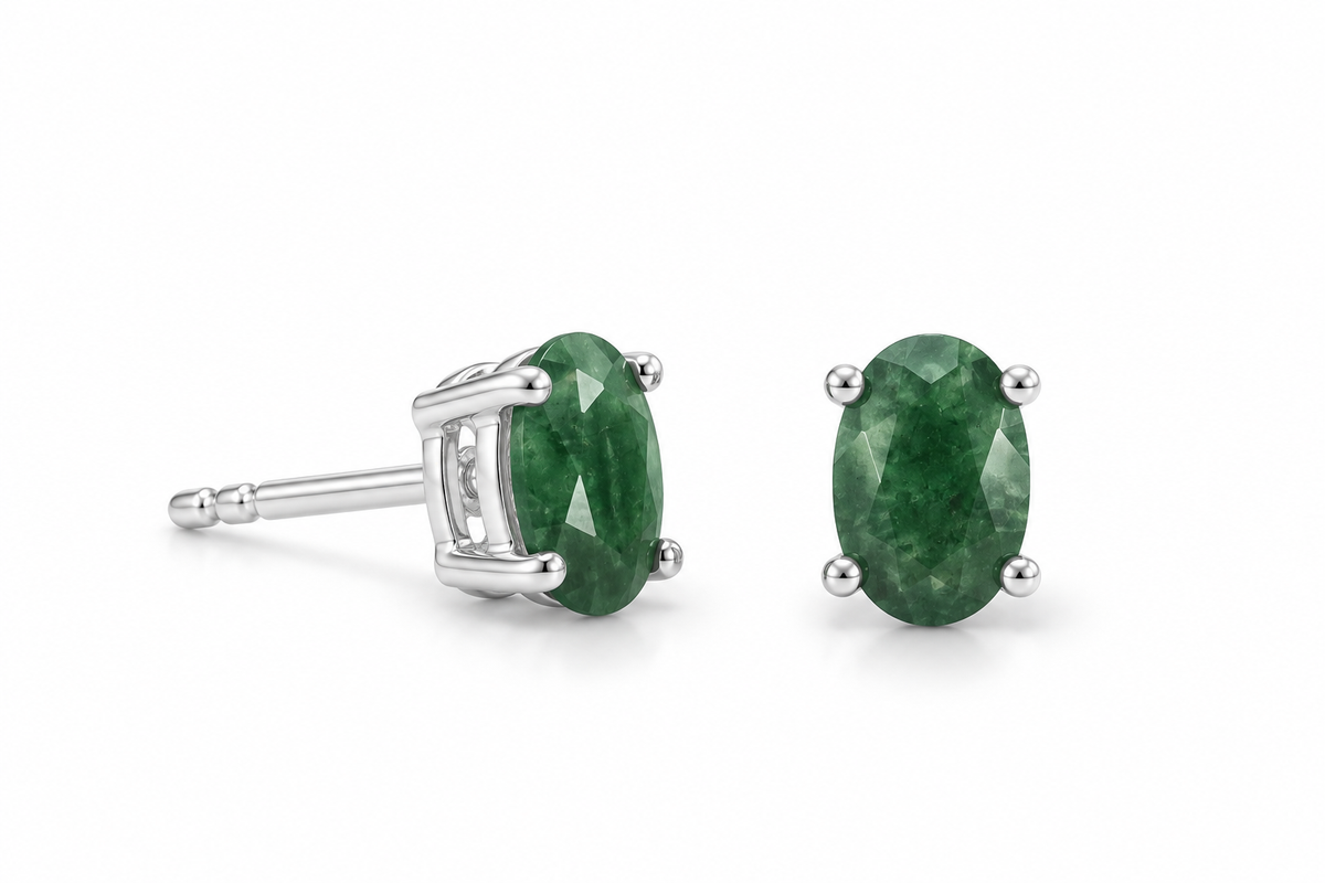 Green Beryl Oval Stud Earrings 925 Sterling Silver 4x6mm Faceted Four-Prong