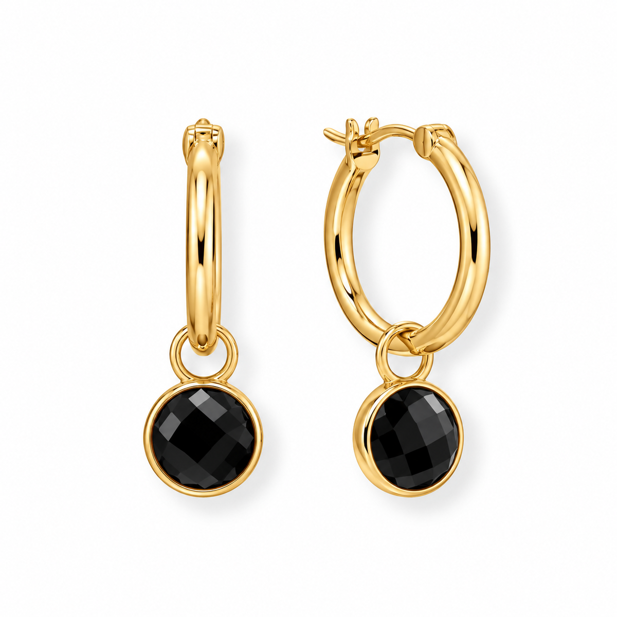 Black Onyx Charm Hoop Earrings 14K Gold Plated 925 Silver 27.5mm 2-in-1