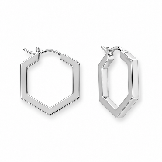 Hexagonal Hoop Earrings Rhodium Plated 925 Sterling Silver 19x18mm