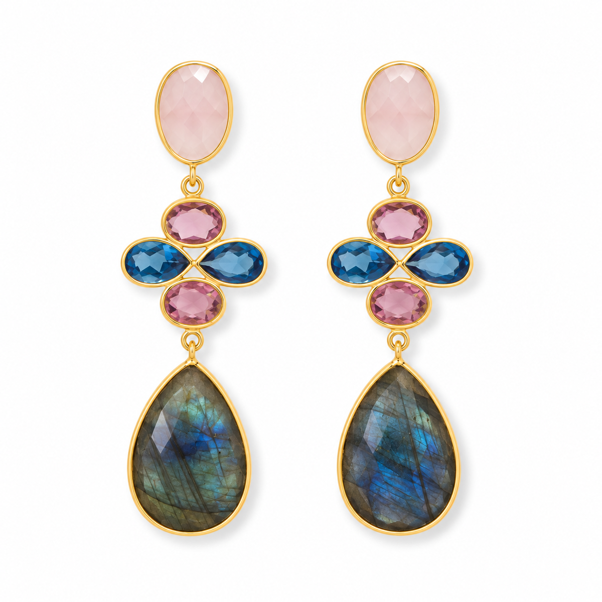 Labradorite Rose Quartz Drop Earrings 14K Gold Plated 925 Sterling Silver 65mm