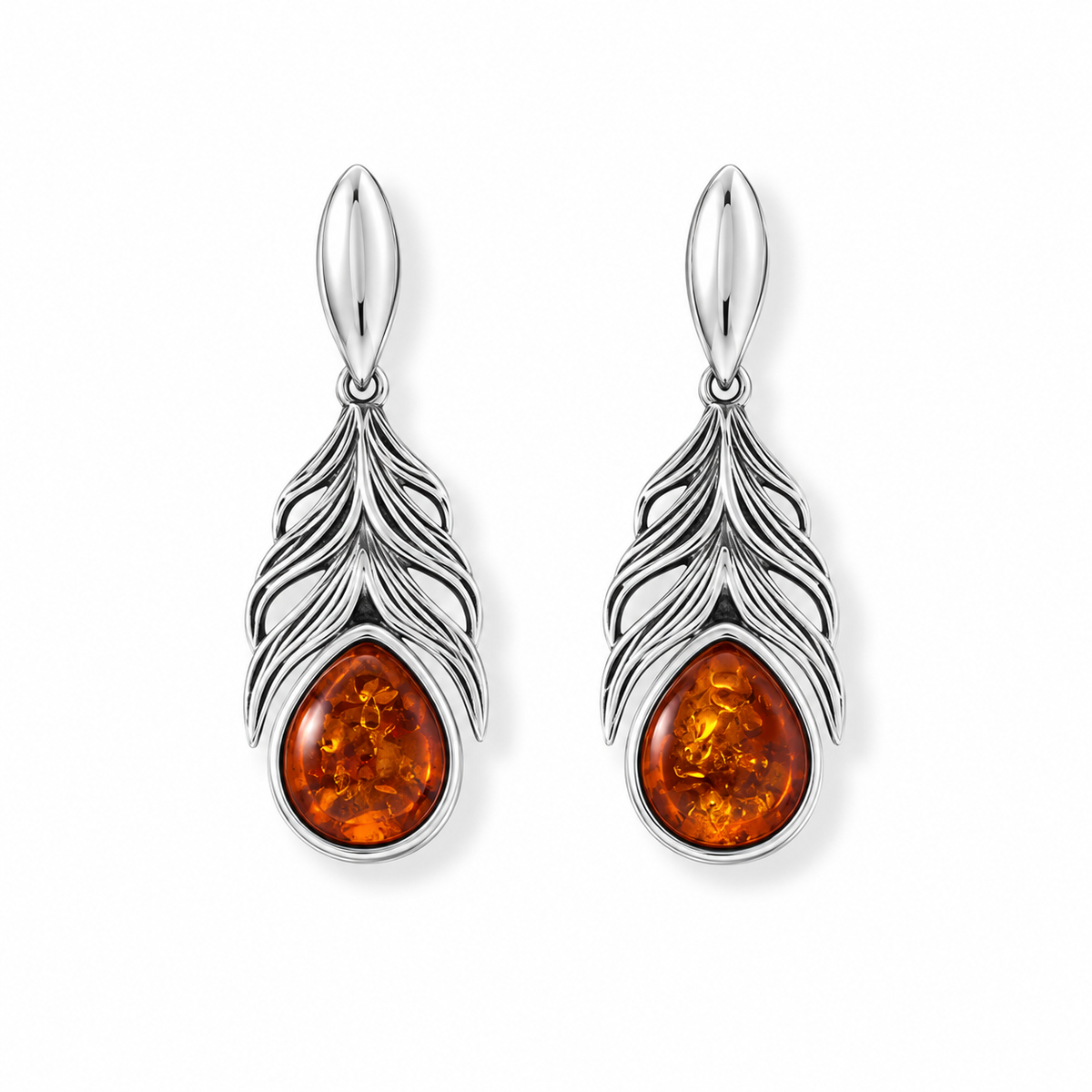 Baltic Amber Feather Earrings Oxidized 925 Sterling Silver 7.5x6mm 26.8mm