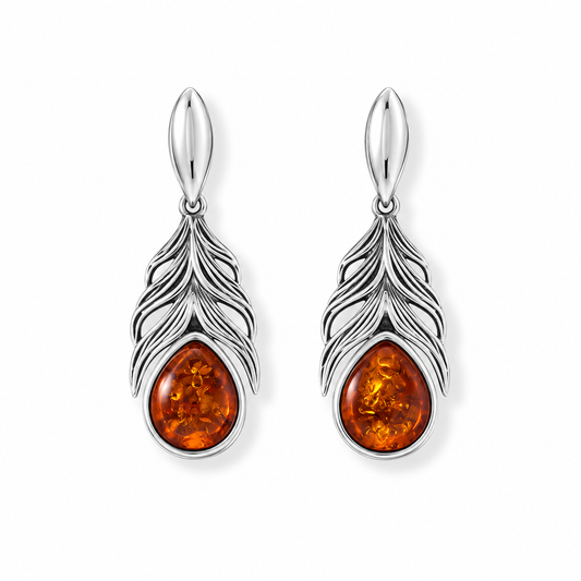 Baltic Amber Feather Earrings Oxidized 925 Sterling Silver 7.5x6mm 26.8mm
